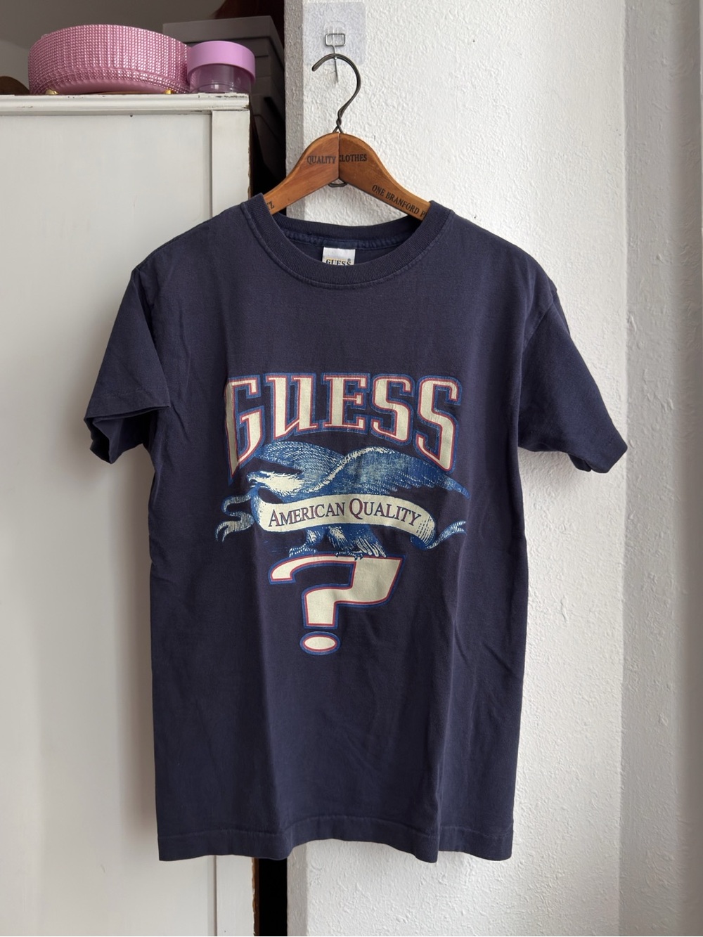 Vintage 90s Guess? logo American Quality eagle 100% cotton USA made navy t-shirt - Picture 1 of 8